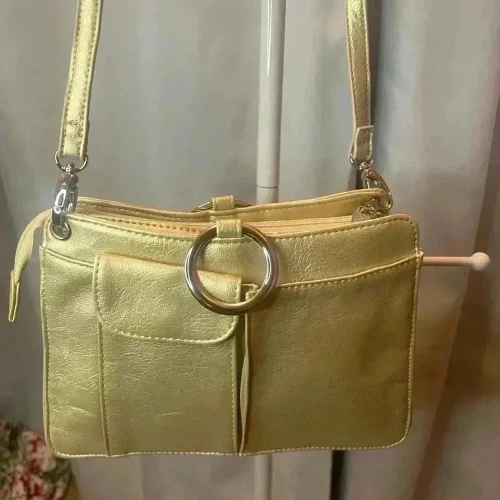 Pouchee Gold Leather Organizer Crossbody Bag